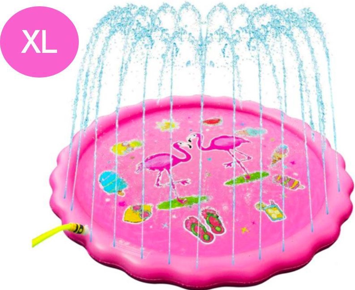 Grote Water Speelmat - Zwembad Kinderen - Waterspeelmat met Fontijn - Waterglijbaan - Watersproeier kinderen buiten - Flamingodesign- Tuin Speelgoed - Aquamat - Aquaplay - 170 CM | Roze